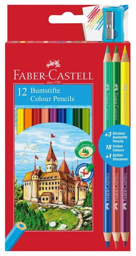 Карандаши цветные 18 цветов Faber-Castell "Замок" (L=175мм, D=7мм, d=3мм, 12+3шт., 6гр, точилка) картон (110312)