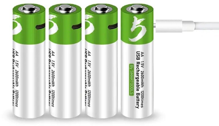 Smartoools Аккумуляторные перезаряжаемые батарейки Li-ion АА 1,5V 2600 mWh (4шт) с USB кабелем пальчиковые