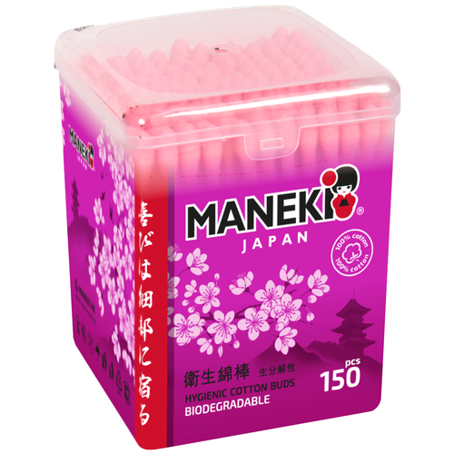 Купить Ватные палочки MANEKI SAKURA с розовым стиком, 150 шт, хлопок, Ватные палочки и диски