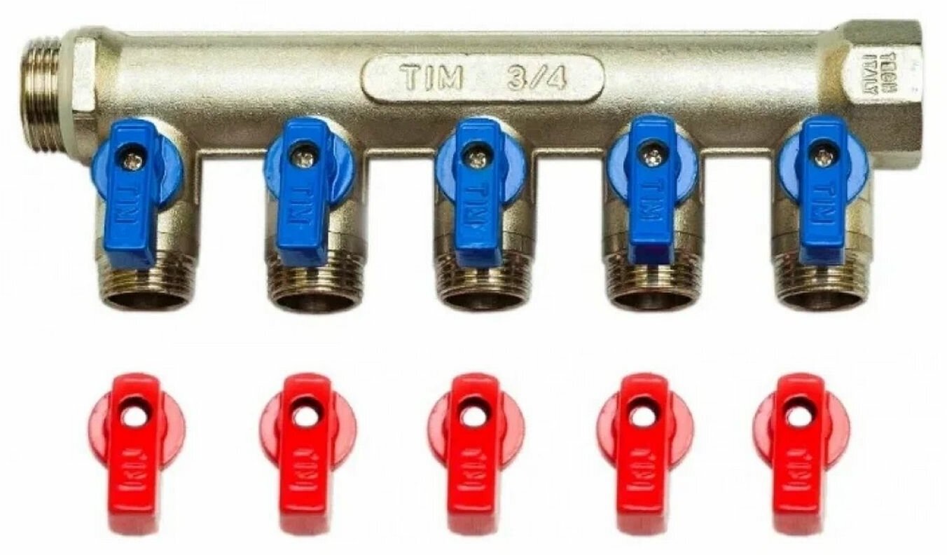 Коллектор с шаровыми кранами 3/4", 5 отвода 1/2" (красные и синиe ручки) TIM- MV-3/4-N-5