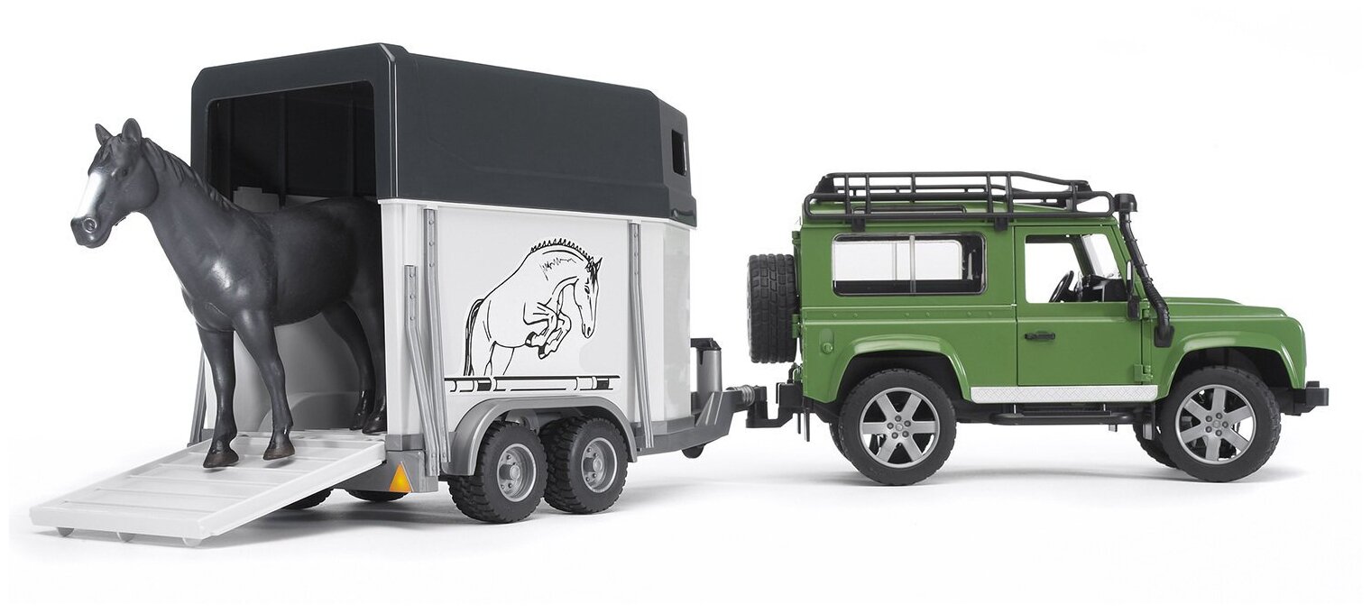 Внедорожник Bruder Land Rover Defender с прицепом-коневозкой и лошадью (02-592) 1:16, 61 см, зеленый/белый/черный