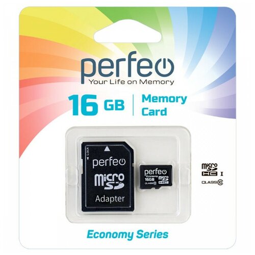 Карта памяти Perfeo microSD 16 ГБ Class 10, UHS-I, W 10 МБ/с, адаптер на SD, 1 шт., черный