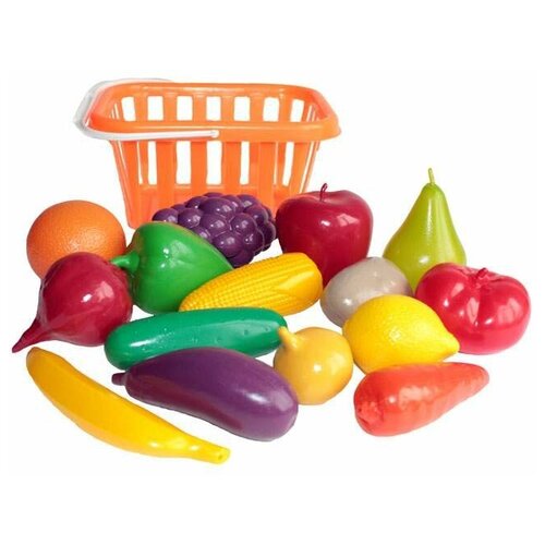 Игровой набор СТРОМ Игровой набор СТРОМ Фрукты и овощи в корзине У758, 17 предметов оранжевый/зеленый/разноцветный стром режем фрукты 5205857 разноцветный