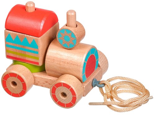 Каталка-игрушка Lucy & Leo Паровозик-пирамидка LL157, коричневый/красный/голубой