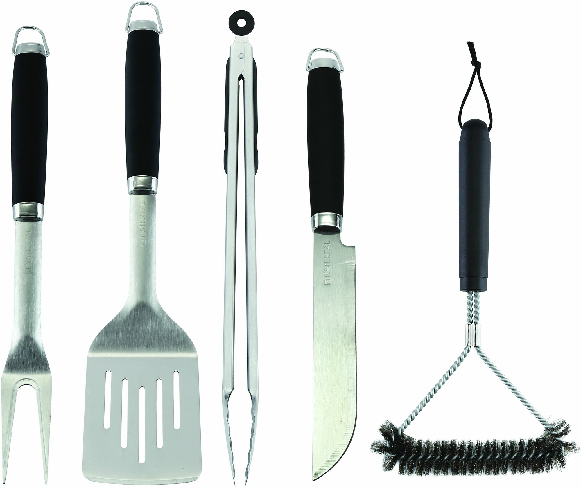 Набор для барбекю Naterial Beta нержавеющая сталь: щипцы, вилка, нож, лопатка, щетка для чистки - фотография № 2