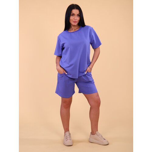 Костюм А-ЛЁНка, футболка и шорты, спортивный стиль, свободный силуэт, пояс на резинке, трикотажный, карманы, пояс/ремень, размер 46, фиолетовый