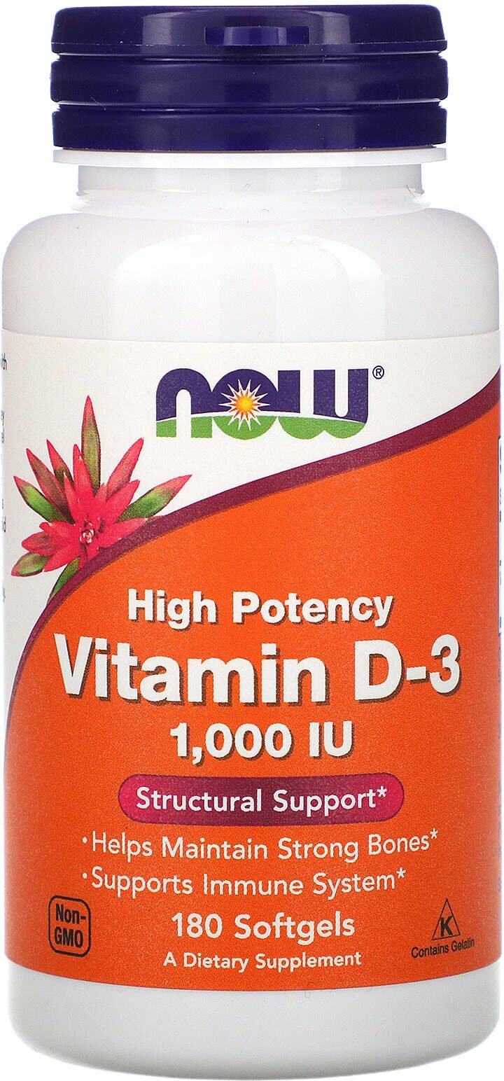 NOW Витамин D3, Vitamin D-3, 25 мкг (1000 IU), 180 капсул