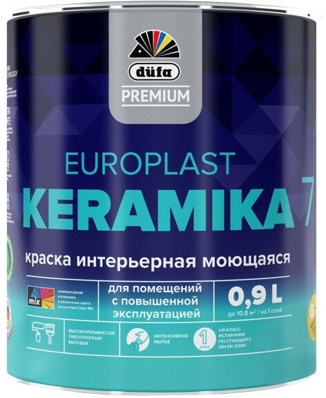 краска в/д DUFA Premium EuroPlast Keramika 7 база 1 для стен и потолков 0,9л белая, арт.МП00-006964 - фото №1