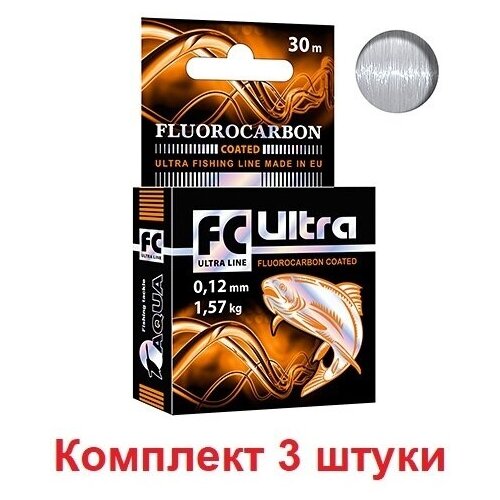 Леска зимняя для рыбалки AQUA FC ULTRA Fluorocarbon Coated 0,12mm 30m, 3 штуки