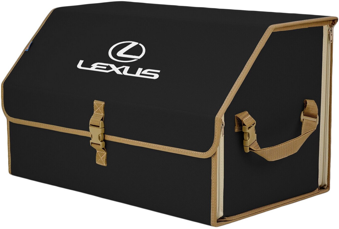 Органайзер-саквояж в багажник "Союз" (размер XL). Цвет: черный с бежевой окантовкой и вышивкой Lexus (Лексус).
