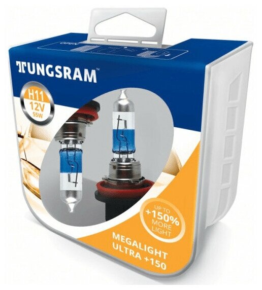 Лампа автомобильная галогеновая H11 Tungsram Megalight Ultra +150 12V 55W PGJ19-2 53110NXNU PB2