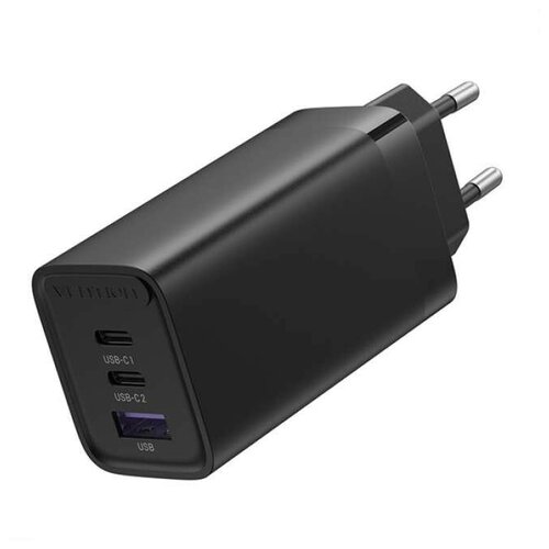 Зарядное устройство Vention 3-port USB(C+C+A) GaN Charger(65W/30W/30W) EU-Plug Black