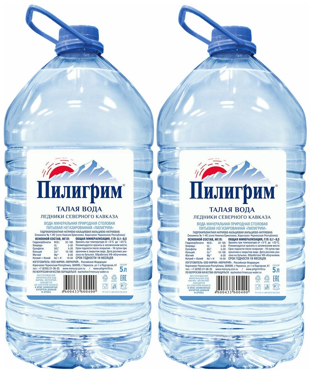 Минеральная питьевая вода Пилигрим негазированная, ПЭТ (5л*2шт)