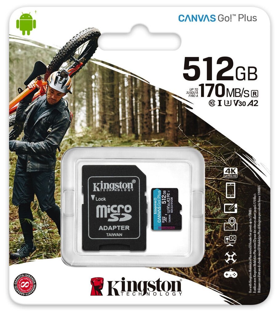 Флеш карта microSD 512GB Kingston microSDXC Class 10 UHS-I U3 V30 Canvas Go Plus 170MB/s