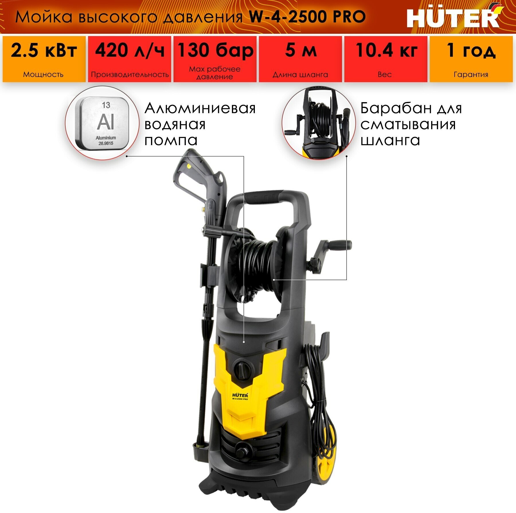 Мойка высокого давления Huter W-4-2500 PRO, 70/8/31, электрический двигатель, 420 л/ч, 130 бар, 2.5 кВт, 220 В