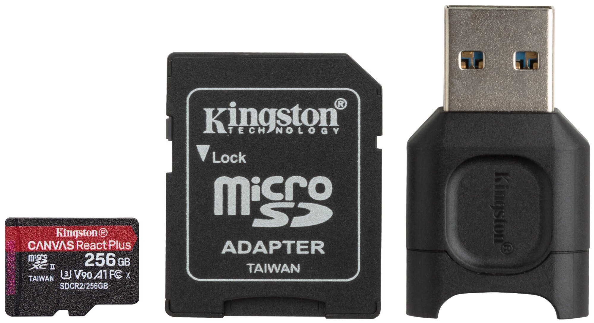 Карта памяти Kingston React Plus microSDXC UHS-II U3 V90 A1 256GB с адаптером и кардридером