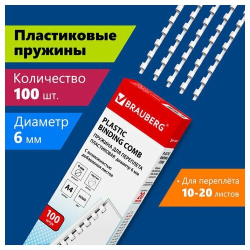 Пружины пластиковые для переплета комплект 100 6 мм (для сшивания 10-20 л.) белые BRAUBERG, 2 шт