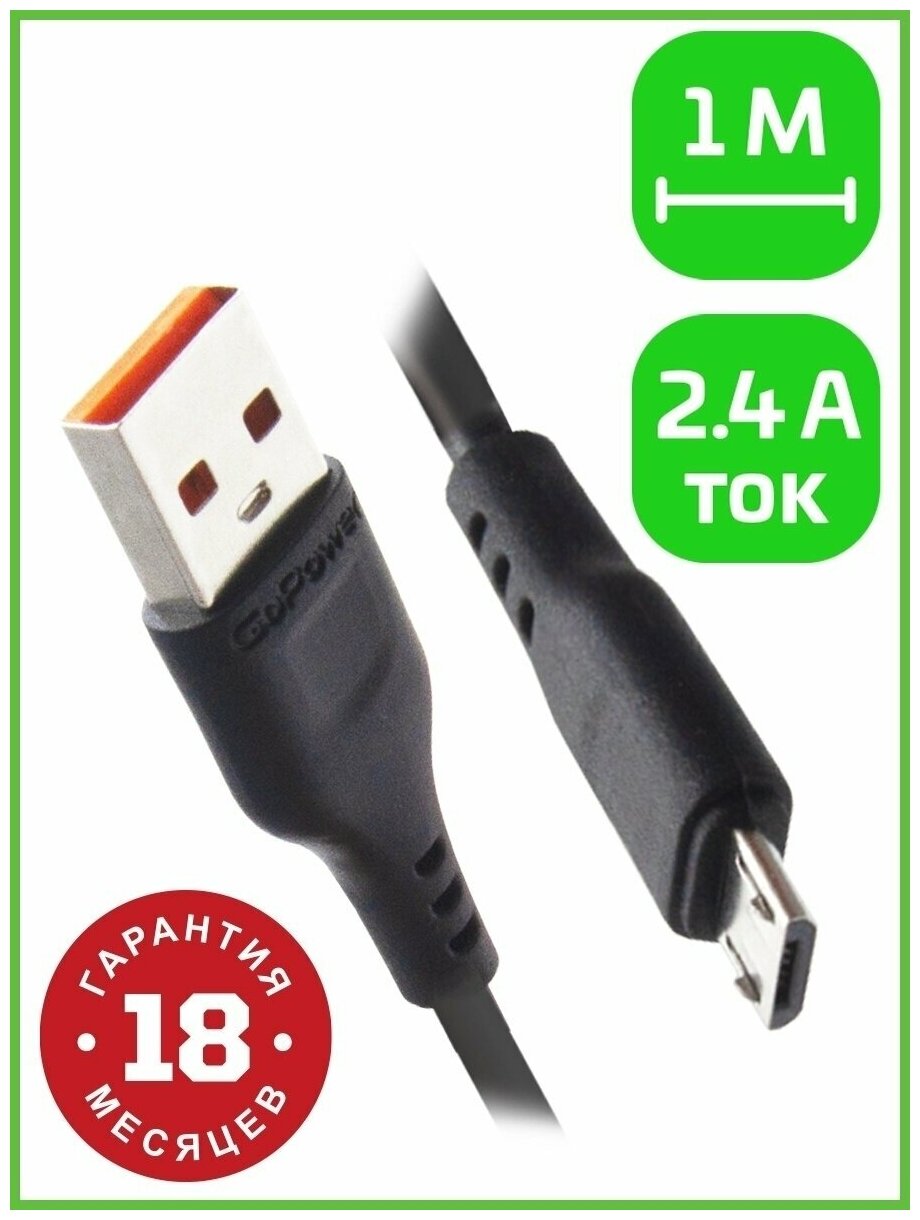 Кабель GoPower GP01M USB (m)-microUSB (m) 1.0м 2.4A ПВХ черный (1/800)