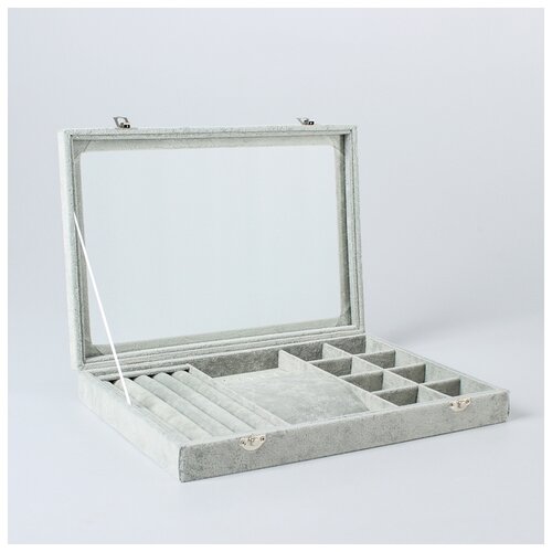 фото Подставка под кольца, кулоны, 4 ряда, 6 крючков, 8 ячеек, со стеклянной крышкой, цвет серый 268300 сима-ленд