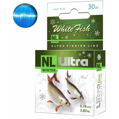 Леска зимняя для рыбалки AQUA NL ULTRA WHITE FISH (Белая рыба) 30m 0,18mm, цвет - светло-голубой, test - 3,80kg ( 1 штука )