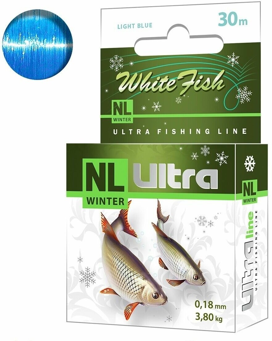 Леска зимняя для рыбалки AQUA NL ULTRA WHITE FISH (Белая рыба) 30m 0,18mm, цвет - светло-голубой, test - 3,80kg ( 1 штука )