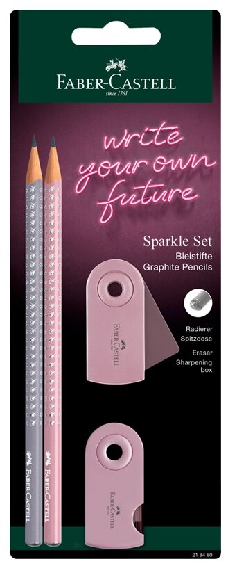 Набор карандашей чернографитных Faber Castell Sparkle, 2 штуки, трехгранные, заточенные + точилка и ластик Sleeve Mini