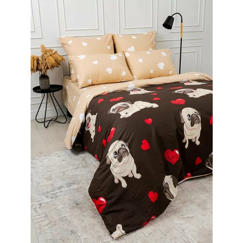 КПБ 2,0 сп. с европростыней поплин (Мопсы шоколад)