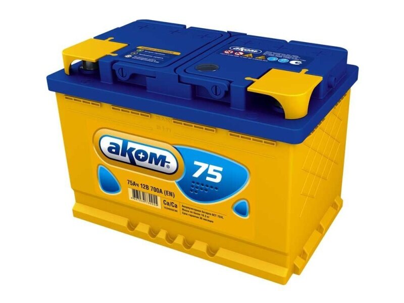Аккумулятор АКОМ 6СТ-75 (П. П.) 750А, Технология Ca/Ca, Габариты 277x175x190