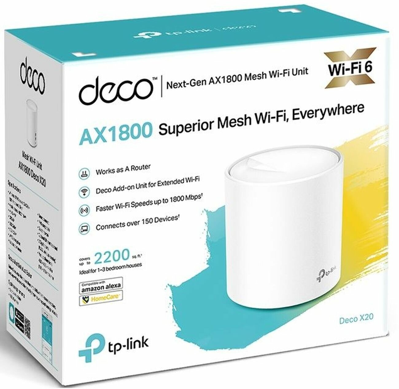 TP-Link Deco X20(1-pack) Домашняя Mesh Wi-Fi 6 система AX1800 до 574 Мбит/с на 24 ГГц + до 1201 Мбит/с на 5 ГГц
