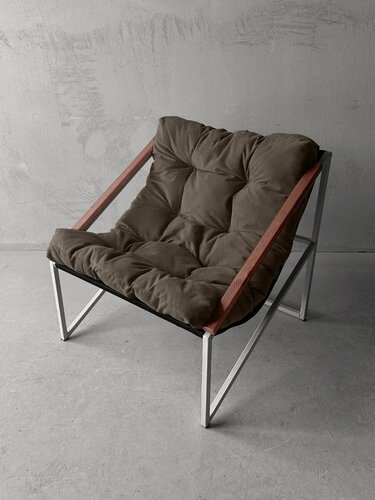 Изображение товара Кресло мягкое удобное для отдыха, уличное, на балкон, на веранду, в стиле лофт, минимализм, Слэш ++ велюр коричневый, белый металл