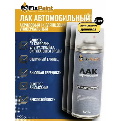 Комплект 3 шт Лак автомобильный прозрачный FixPaint Clearcoat в аэрозольном баллончике 520 мл 5100₽