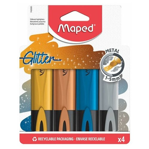 набор maped 152503 комплект 2 шт Набор текстовыделителей с блестками MAPED FLUO PEP'S Glitter 4 ассорти линия 1-5 мм, 2 шт