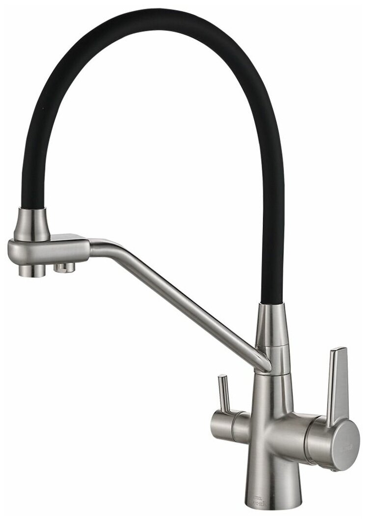 Смеситель ZorG Steel Hammer SH 903-6 SATIN для кухонной мойки, сатин никель матовый, черный гибкий излив, под фильтр