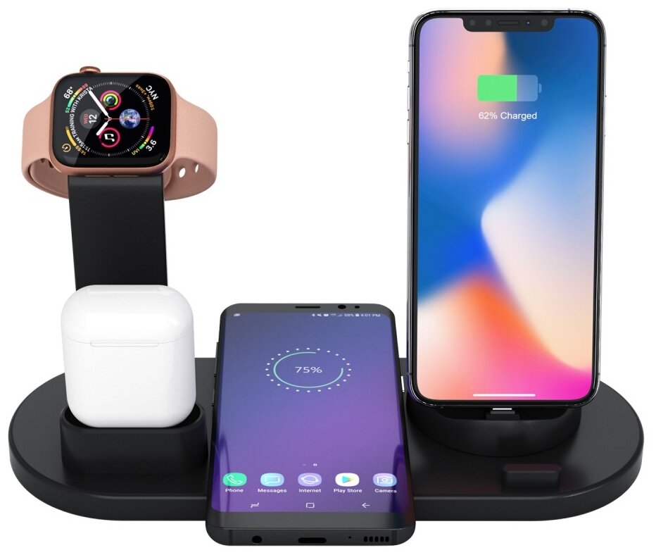 Док-станция для беспроводной зарядки UD15 4 в 1 для iPhone / Apple Watch / AirPods / устройств Android / Type-C / Micro USB / Lightning, черное