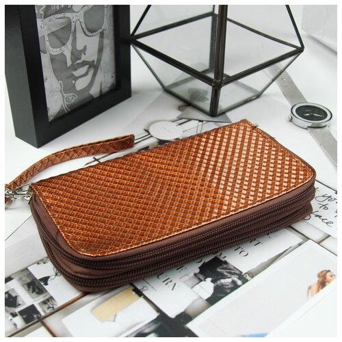 фото Кошелек жен 08-03-05 плетение, 18,5*4*9,5, 4отд на молниях, д/карт, д/монет, с ручкой, кофе 350586 сима-ленд