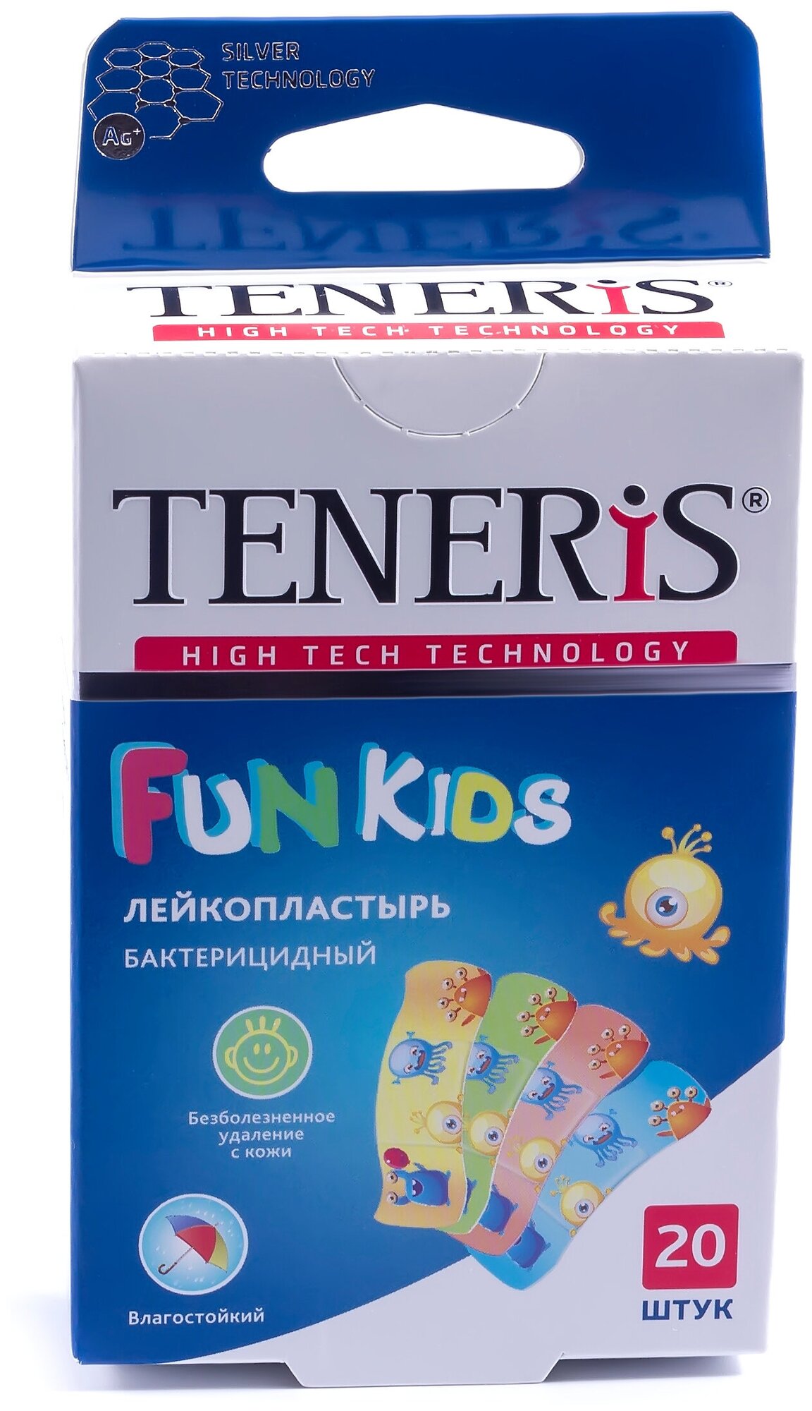 TENERIS Fun Kids лейкопластырь бактерицидный с ионами серебра на полимерной основе с рисунками, 20 шт.