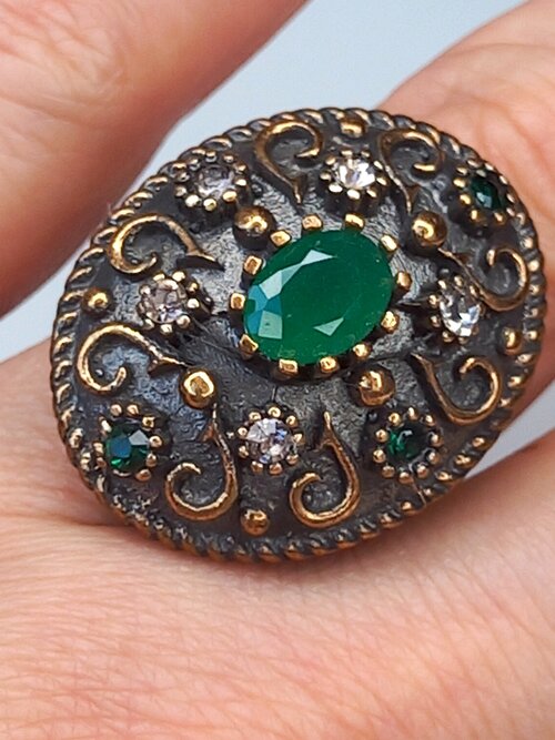 Кольцо, изумруд синтетический, циркон, фианит, размер 19.5, зеленый, мультиколор