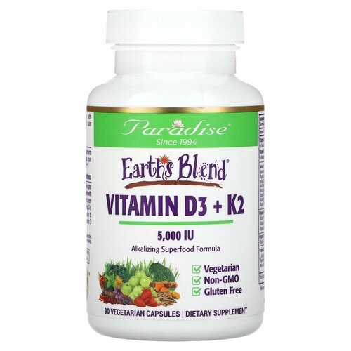 Paradise Herbs, Earth&#x27; s Blend, Vitamin D3 + K2, 5,000 IU, 90 Vegetarian Capsules