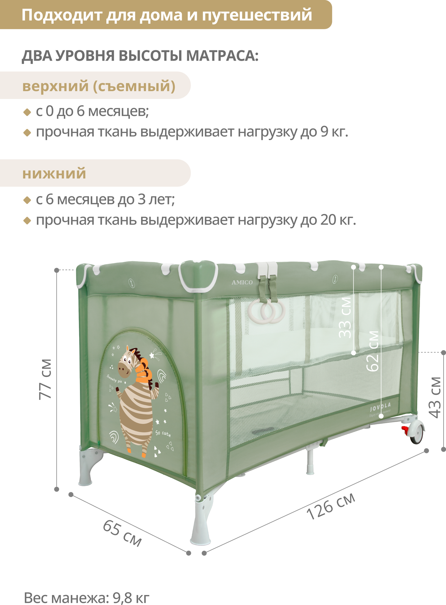 Манеж-кровать JOVOLA AMICO, 0-36 мес, складной, с аксессуарами, 2 уровня, зеленый