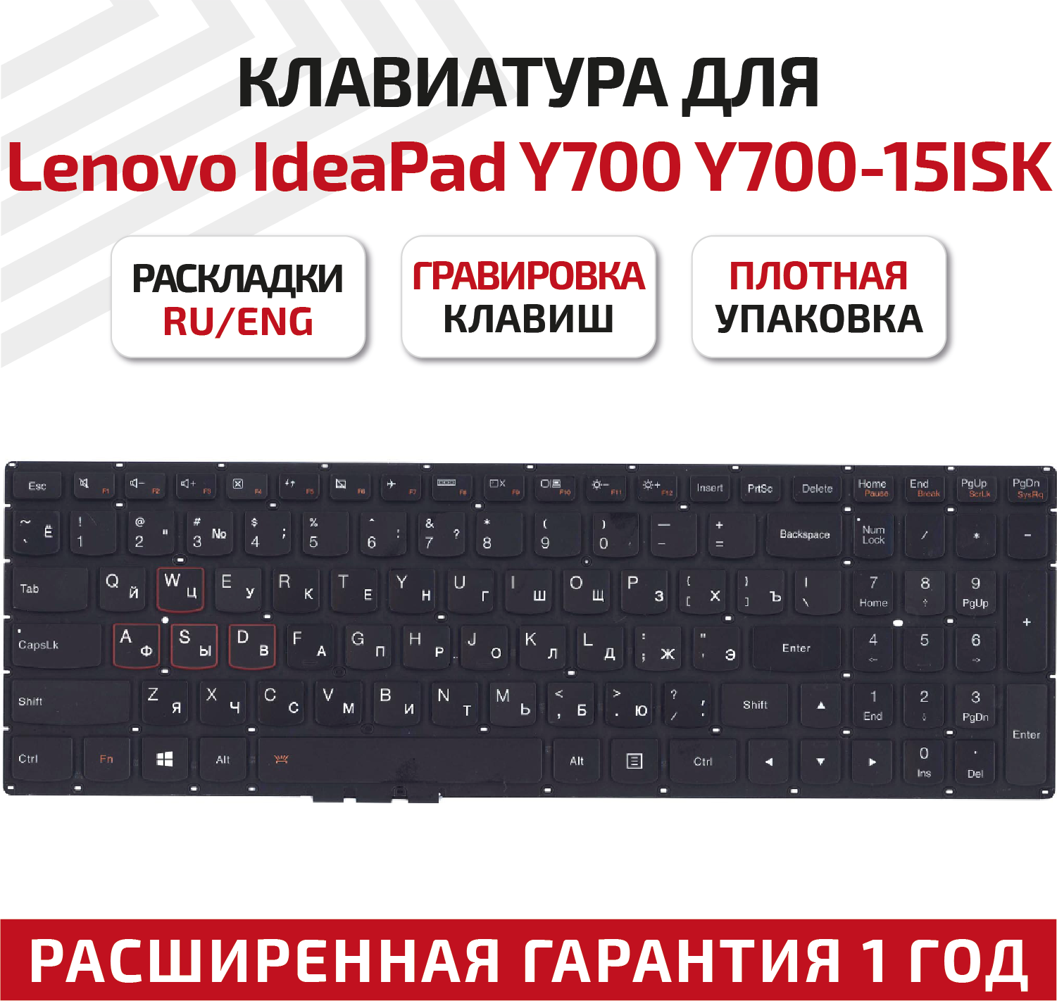 Клавиатура (keyboard) SN20H54506 для ноутбука Lenovo IdeaPad Y700, Y700-15ISK, Y700-17IS, черная без подсветки