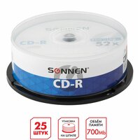 Диски CD-R SONNEN 700Mb 52x Cake Box (упаковка на шпиле) комплект 25шт, 513531