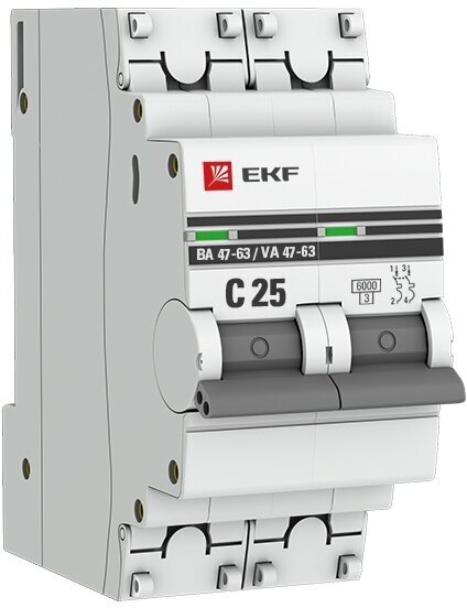 Автоматический выключатель 2P 25А (C) 6кА ВА 47-63 EKF PROxima