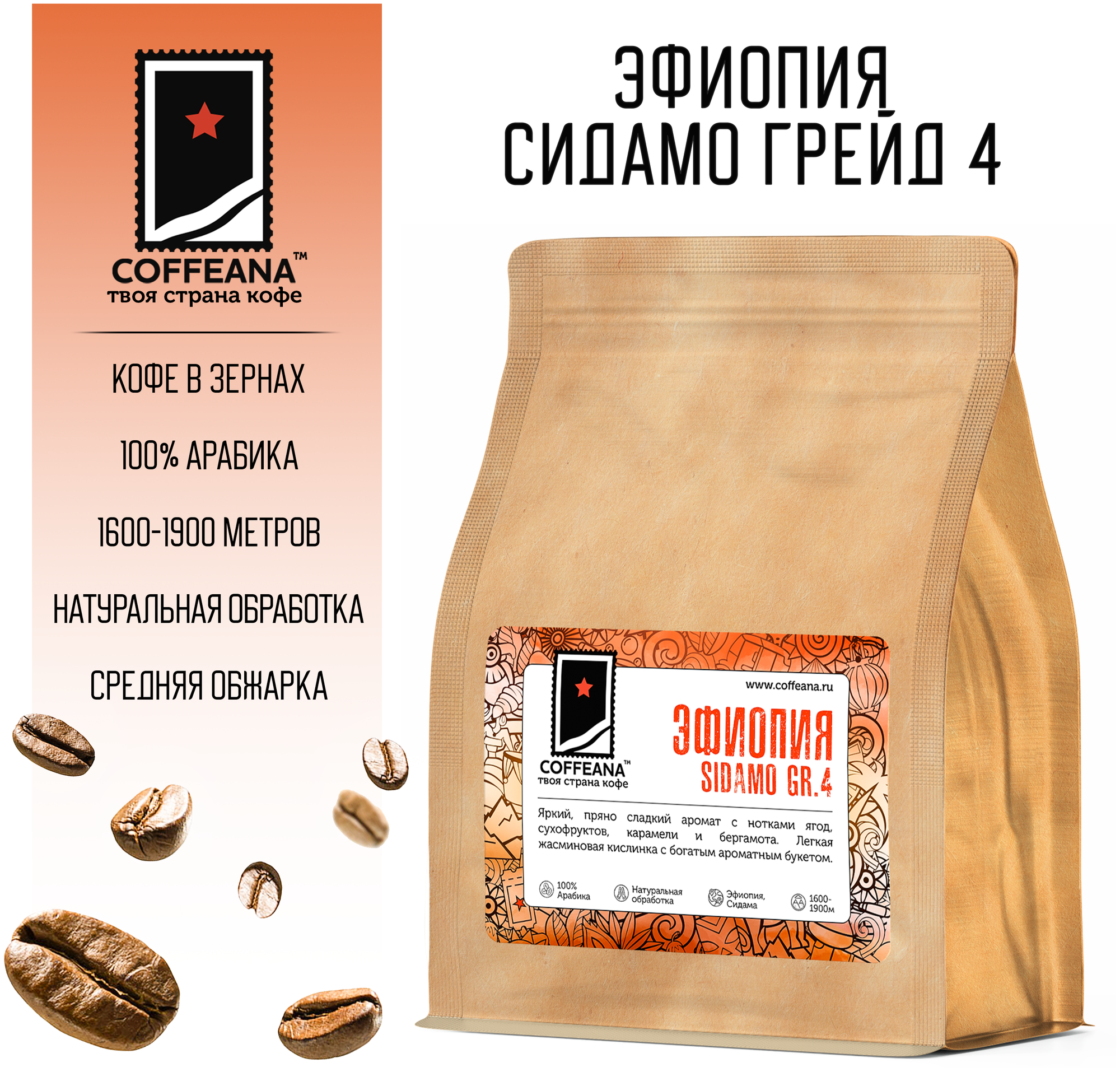 Свежеобжаренный кофе COFFEANA Эфиопия Сидамо Грейд 4 в зернах 250 г - фотография № 1