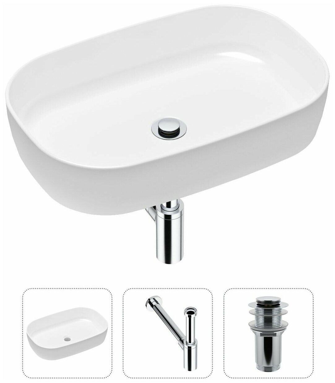 Накладная раковина в ванную Lavinia Boho Bathroom Sink Slim 21520059 в комплекте 3 в 1: умывальник белый, донный клапан и сифон в цвете хром