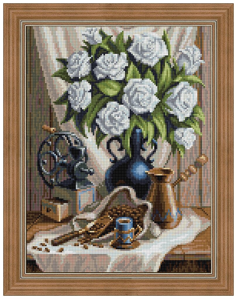 Картина стразами "Белые розы и черный кофе" (АЖ-1657)