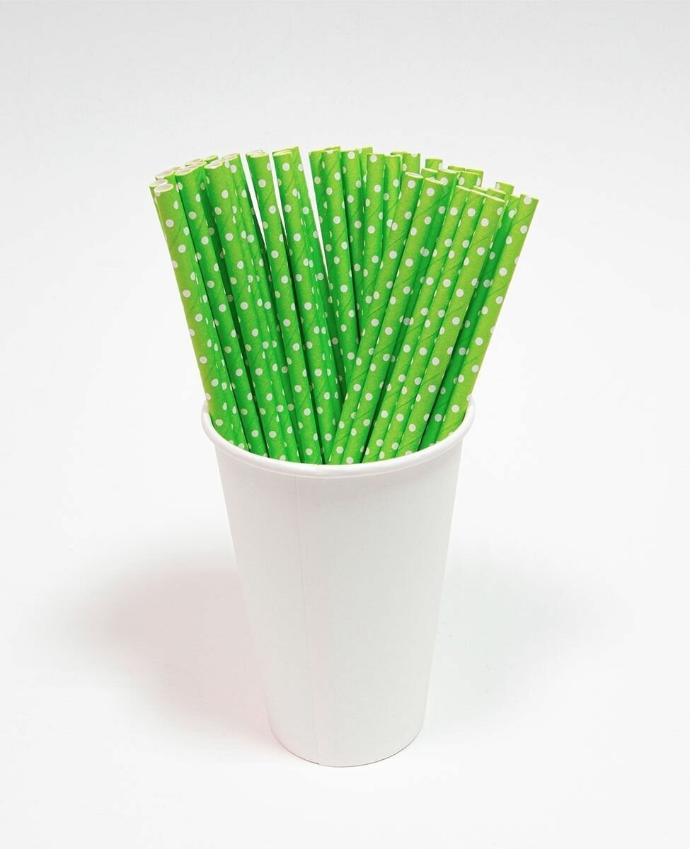 Трубочки бумажные L-20см зеленые с белыми точками d-6мм уп/100шт