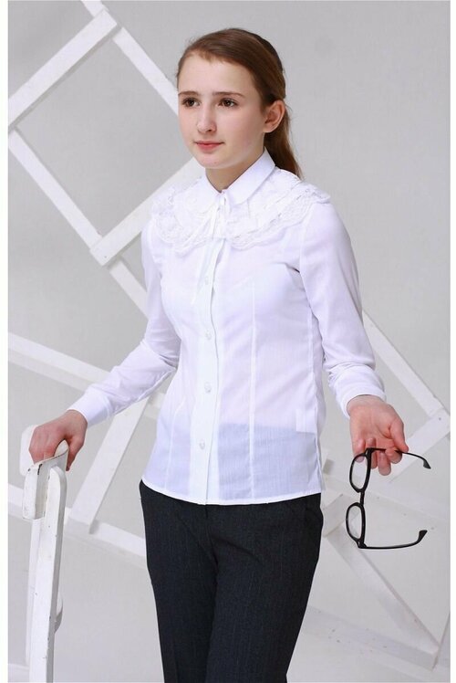 Школьная рубашка Polus-club, полуприлегающий силуэт, на пуговицах, длинный рукав, однотонная, размер 122, белый