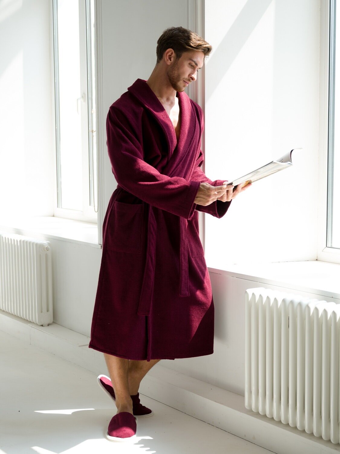 Мужской махровый халат с шалькой, темно-бордовый - фотография № 12
