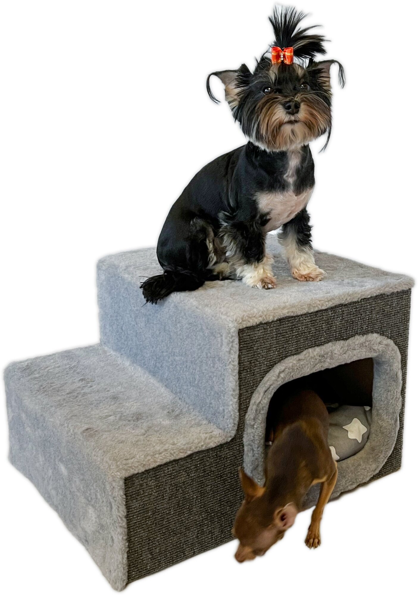Лесенка прикроватная для собак и кошек ЗверюшкинЪ на две ступени с подушкой, серый вход справа, 48х40х30 см