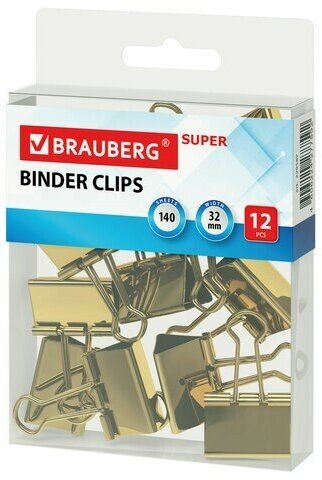 Зажимы для бумаг BRAUBERG EXTRA, комплект 12 шт, 32 мм, на 140 л, золотистые, европодвес, 229587